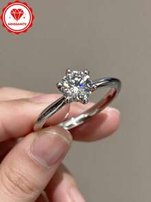 HALPIO 1件 1克拉莫桑鑽單鑽戒指,銅製承諾訂婚戒指,經典6.5mm圓形莫桑鑽婚戒,理想的週年紀念珠寶禮物 - CU-MS-RSO-040 - 查看 2