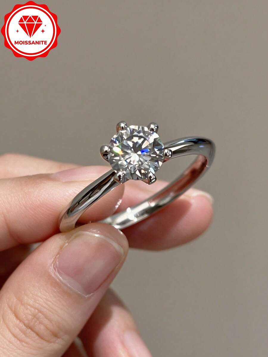 HALPIO 1件 1克拉莫桑鑽單鑽戒指，銅製承諾訂婚戒指，經典6.5mm圓形莫桑鑽婚戒，理想的週年紀念珠寶禮物
