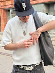 春夏男士中性休閒寬鬆簡約百搭通勤針織短袖圓領套頭T卹 - 白色 - 查看 2