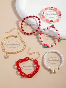 6pcs/Set Red Soft Clay Strawberry Pearl Bow Bracelet - Style 1 - View 4