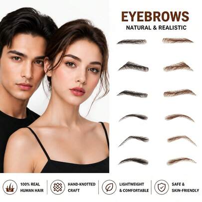 1 Pair 100% Human Hair False Eyebrows Handmade Hand-Knotted Breathable Lace Base Natural Looking Realistic Light Weight Eyebrows Invisible Reusable Eyebrows For Men And Women