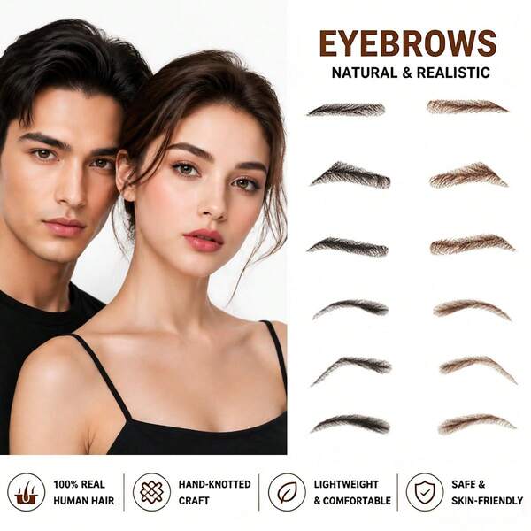 1 Pair 100% Human Hair False Eyebrows Handmade Hand-Knotted Breathable Lace Base Natural Looking Realistic Light Weight Eyebrows Invisible Reusable Eyebrows For Men And Women