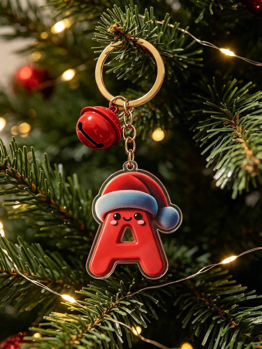 1pc The Acrylic Christmas Hat Paired With A Bell Design Keychain, The 26 Initials Of The Names Create A Festive Christmas Atmosphere - Bell - View 1