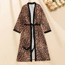 Plus Size Women's Sheer Leopard Print Sexy Elegant Comfortable Tie-Front Thin Long Robe Dress Nightgown Loungewear - Multicolor - View 11
