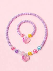 2pcs/Set Cute Princess Heart Pendant Necklace & Beaded Bracelet Jewelry Set For Kids, Suitable For Daily Wear, Party, Birthday Gift - one-size - View 1