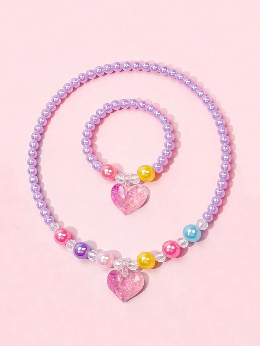 2pcs/Set Cute Princess Heart Pendant Necklace & Beaded Bracelet Jewelry Set For Kids, Suitable For Daily Wear, Party, Birthday Gift - one-size - View 1
