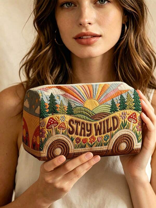 Tas Kosmetik Quilted Motif Hutan Bus "STAY WILD" 2D Baru, Ringan dan Portabel, Penyimpanan Dapat Ditumpuk; Terbuat dari Jaring Bernapas dan Lapisan yang Dapat Dicuci; Cocok untuk Menyimpan Kuas Makeup, Lipstik, Botol Perawatan Kulit, Perhiasan, dan Barang Lainnya, Memenuhi Kebutuhan Pengorganisasian Harian, Perjalanan Semalam, Liburan, dan Penyimpanan di Gym; Pilihan Ideal untuk Pecinta Perjalanan, Membantu Anda Mengatur Barang-Barang Kecil dengan Rapi dan Mengaksesnya dengan Mudah.