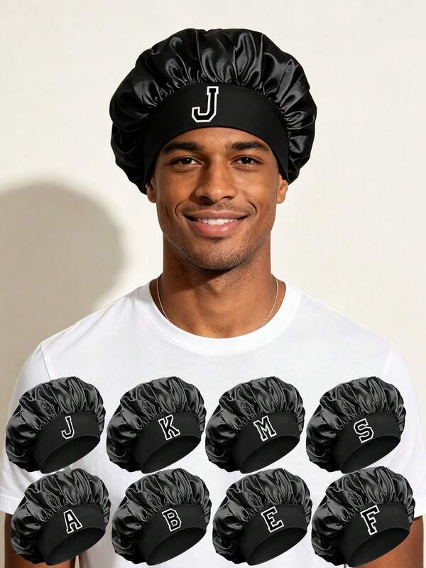 1Pc A-Z Letters Satin Sleep Bonnet,Soft Comfortable Sleeping Bonnet,Elastic Wide-Brim Silky Sleeping Cap For Hair Protection, Year-Round Use