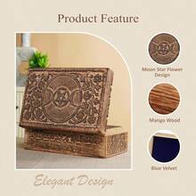 Wooden Hand Carved Decorative Jewelry Box Moon Carvings Vintage Keepsake Storage Organizer Travel Treasure Chest Trinket Holder Great Gifts 8x5 Inch - 1PC - View 2
