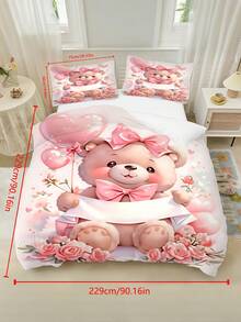 2/3PCS Girls Custom Name Pink Bow Bear Floral Balloon Print Polyester Zipper Resistant Duvet Cover Set, Sweet Girly Cartoon Bedding Set For Kids Bedroom All Seasons - Multicolor - View 18