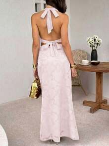Elegant Women's Light Pink Two Pieces Outfit, Halter Neck Cowl Top With Matching Maxi Skirt Set, Perfect For Summer Casual Or Formal Events - Pink - View 2