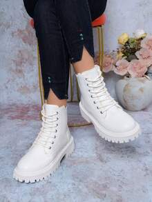 Sepatu bot wanita model rendah, warna polos, bertali, dengan lubang tali logam dan ritsleting samping, sepatu bot pergelangan kaki hangat dan modis untuk musim gugur/musim dingin. - Krem - View 2