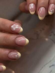 24片短橢圓花卉淺黃色法式美甲指甲套組，含馬卡龍糖果色壓克力假指甲、1片果凍膠與1片指甲锉 - 黃色 - 查看 9