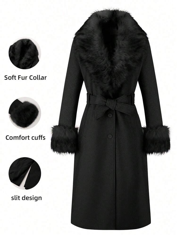 Risissida Women's Autumn/Winter Wool Coat With Faux Fur Collar, Cuffs And Belt, Fashion Long Warm Outerwear, Black - Black - View 8