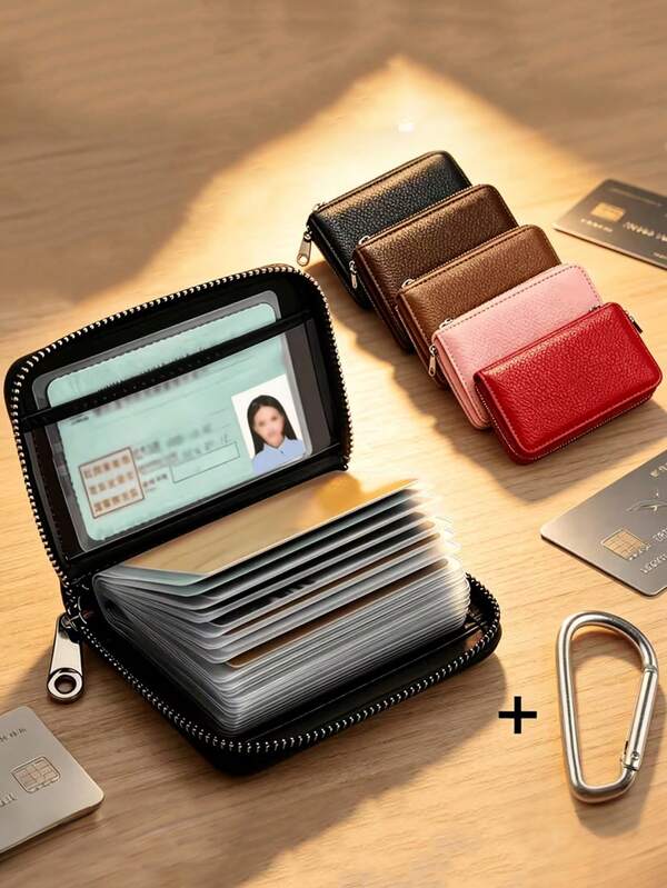 Ultra-Thin RFID Anti-Theft Zipper Wallet (With Hook) - Multi-Functional Card Holder, Securely Stores Travel Documents, Holds 22+ Cards And Cash, Durable Black Design, Minimalist Style Metal Clasp Charm, Credit Card Wallet