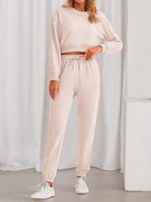 Women Fall 2 Piece Outfits Casual Long Sleeve Crop Top Drawstring Pant Jogger Suit Jumper Sportswear Sweatsuits Tracksuit Matching Set - Beige - View 4