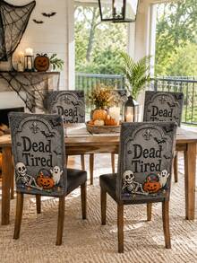 1pc/4pcs/6pcs Gray Halloween Chair Back Cover, Cute Gothic Polyester Dining Chair Slipcover With Dead Tired Tombstone Skeleton Ghost Pumpkin Candy Bat Spider Web Printed Protector For Kitchen, Dining Room, Party, Haunted House And Autumn Home Decor - B - View 7