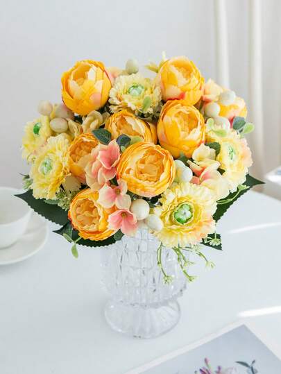 1 Bouquet de fleurs de pivoine artificielles, bouquet de fleurs de pivoine, rose et marguerite en soie, fleurs en vrac pour la décoration de la maison, du mariage et de la fête, centre de table, décorations d'automne