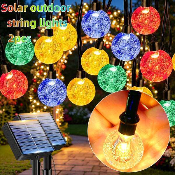 2 stuks 50/20/10 LED zonne-energielichtsnoeren, 3 meter/5m/7m, Bubble Ball lichtstrip met 8 verlichtingsmodi, geschikt voor tuin, veranda, bruiloft, feestdecoratie, IP65 zonne-energietuinverlichting (warm wit/koel wit/meerkleurig)