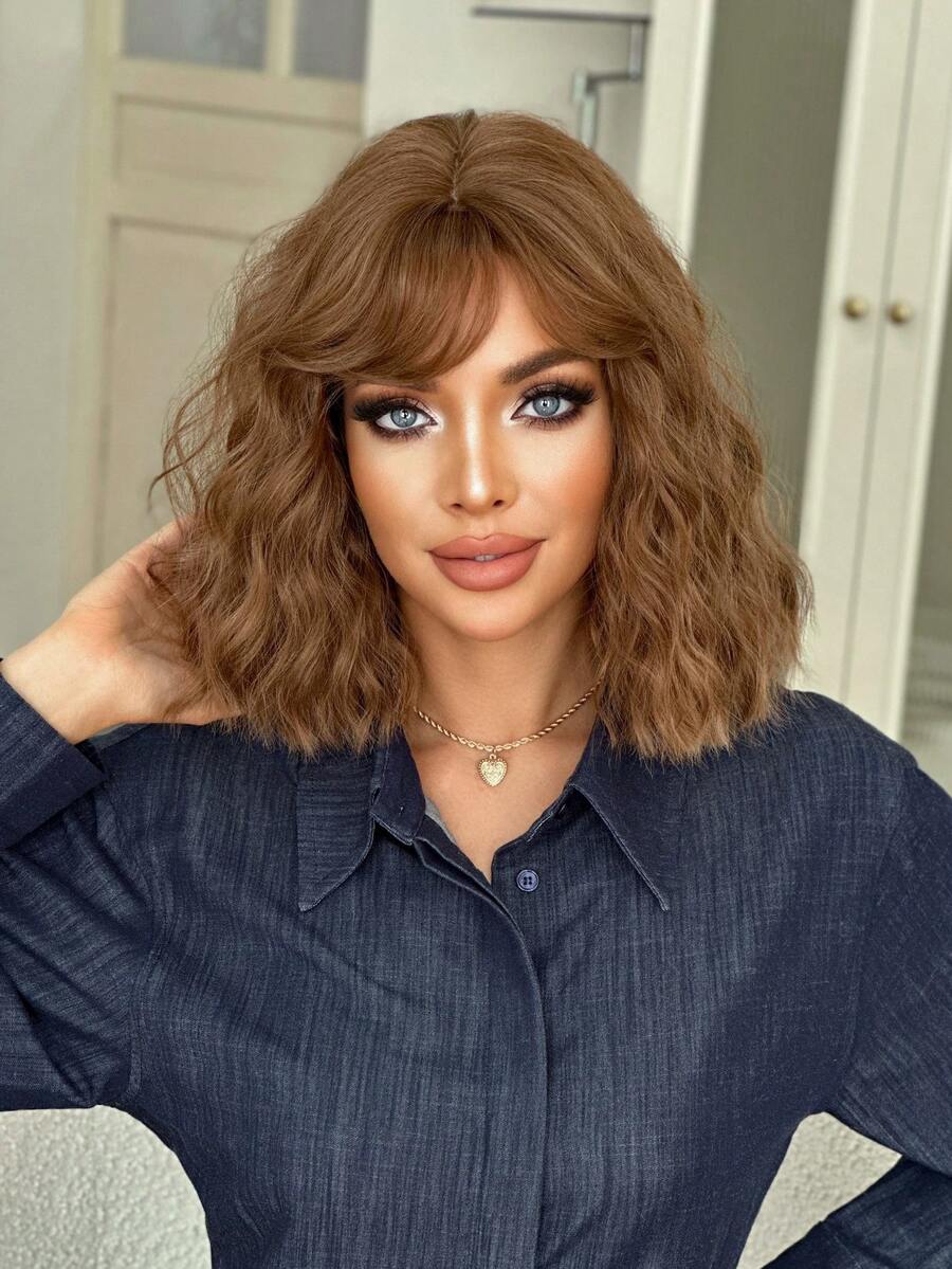 Short Wavy Warm Brown Bob Wig With Side Bangs Natural-Looking Synthetic Heat-Resistant Fiber Curly Hair Wig For Women Everyday Hairstyle Wear, Party Cosplay Use 12 Inch