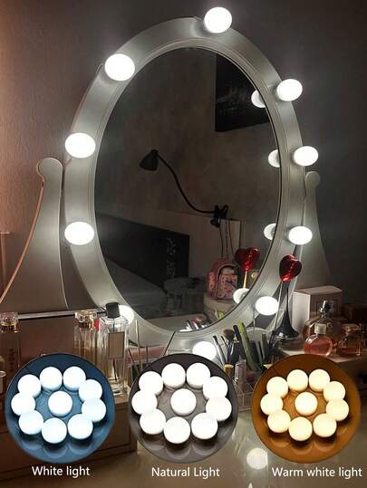 3-Color Dimmable LED Vanity Mirror Light Bulb 5V USB Fill Light DIY Rotating Retractable Cord 2LED/6LED/10LED/14LED Suitable For Bathroom, Bedroom, Dressing Table, Hair Salon
