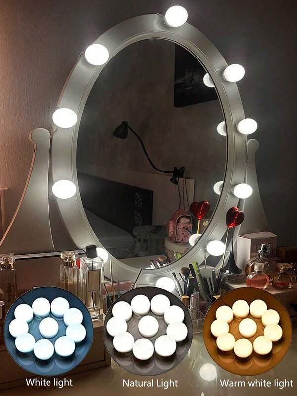 3-Color Dimmable LED Vanity Mirror Light Bulb 5V USB Fill Light DIY Rotating Retractable Cord 2LED/6LED/10LED/14LED Suitable For Bathroom, Bedroom, Dressing Table, Hair Salon