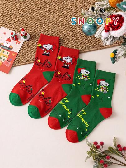 1/2 Pairs Snoopy Socks For Women, Mid-Calf Sports Socks With Cute Cartoon Puppy Pattern, Autumn/Winter Christmas