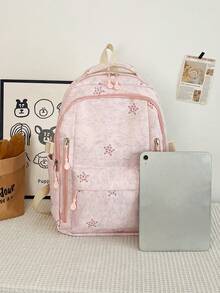 3pcs Pink Nylon Casual Minimalist Star Pattern All-Over Print Comfortable Shoulder Strap Zipper Closure Multi-Pocket Large Capacity Foldable With Crossbody Strap Pencil Case Backpack Set, Suitable For Spring/Summer Hot-Selling Style, Ideal For Students, School, Commuting, Outdoor Travel, Back-To-School Gift, Can Hold Books, Pencil Case, Notebooks - Pink - View 5