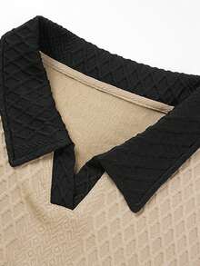 Men's Luxury Textured Colorblock Black Collar Casual 2 Pieces Set, Loose Long Sleeve Top And Pants, Spring/Autumn - Khaki - View 7