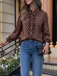 Women's Polka Dot Pleated Casual Versatile Daily Wear Top - Brown - View 4
