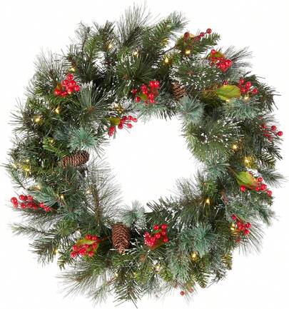 Couronne de Noël artificielle pré-éclairée, verte, pin hivernal, lumières blanches, décorée de pommes de pin, grappes de baies, branches givrées, collection de Noël, 24 pouces