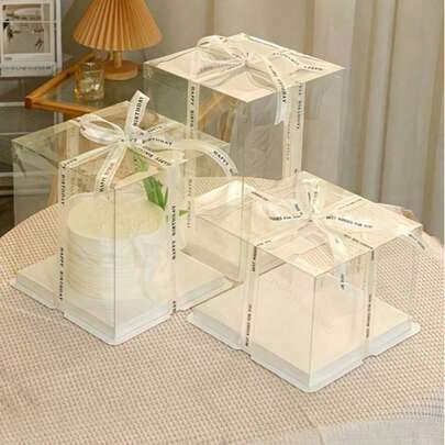 Caja alta y transparente para pastel con lazo de cinta de Feliz Cumpleaños, contenedor de plástico transparente para regalo de pastel de cumpleaños con base blanca, caja de embalaje de postres reutilizable para fiesta, boda, baby shower y panadería (cinta aleatoria)