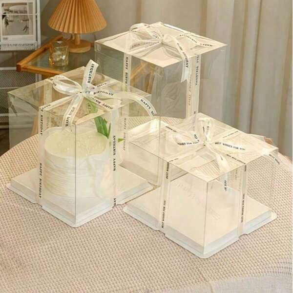 Transparent Tall Birthday Cake Gift Box With Happy Birthday Ribbon Bow, White Base Plastic Cake Gift Container, Reusable Dessert Packaging Box, Suitable For Party Wedding Baby Shower Bakery (Ribbon Random)