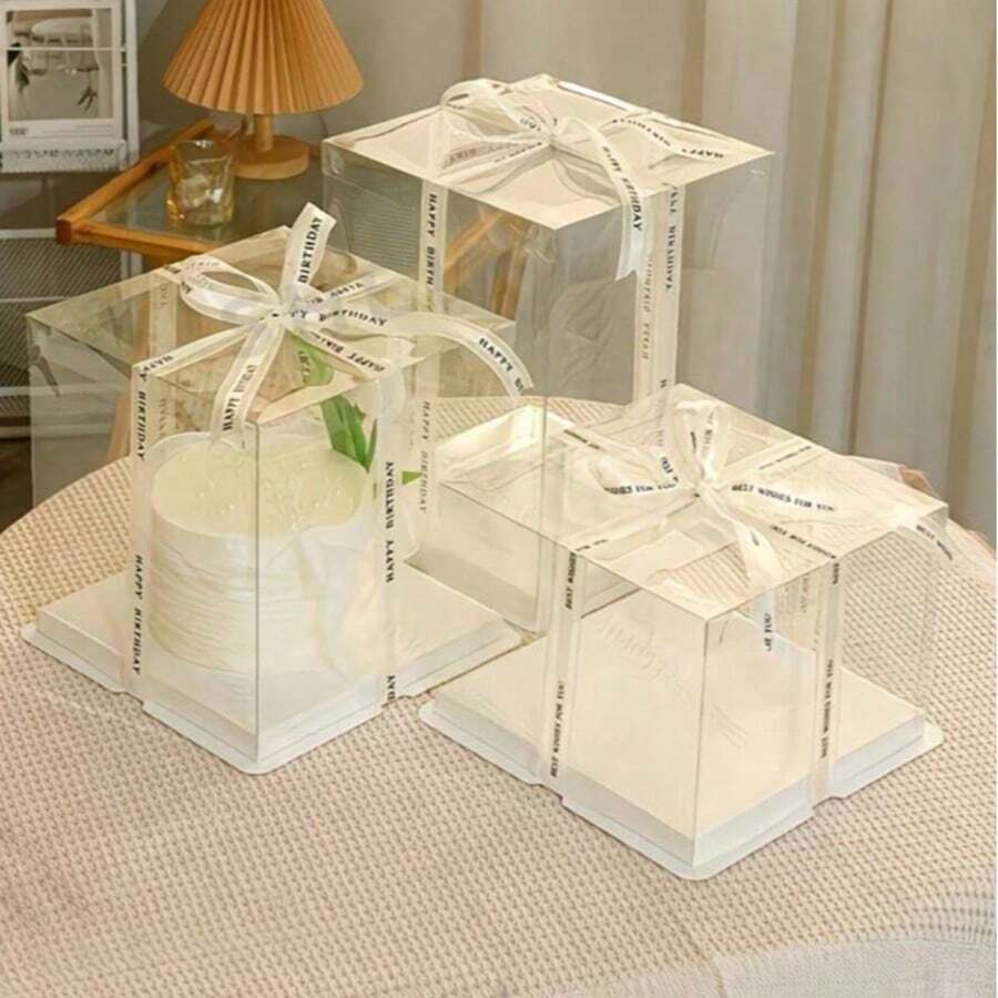 透明高款生日蛋糕禮品盒,附 Happy Birthday 緞帶蝴蝶結,白色底座塑膠蛋糕禮品容器,可重複使用甜點包裝盒,適用派對、婚禮、嬰兒洗禮、烘焙店(緞帶隨機) - A - 查看 1
