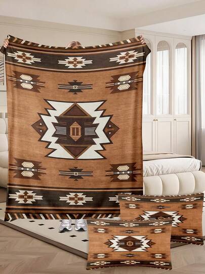 Southwest Geometric Flannel Blankets Pillow Case Set Diamond Arrow Lines Sofa Throw Nap Bed Cover Living Room Bedroom Dorm Home Decor For Apartment Owners Women Men Christmas Halloween Thanksgiving Memorial Day Birthday Anniversary Holiday Gifts