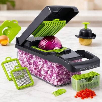 Vegetable Chopper, 16-In-1 Multifunctional Food Chopper, 8 Blades Vegetable Slicer, Onion Chopper Vegetable Cutter & Adjustable Veggie Slicer, Potato Dicer Chopper, Container For Salad Garlic | Grey