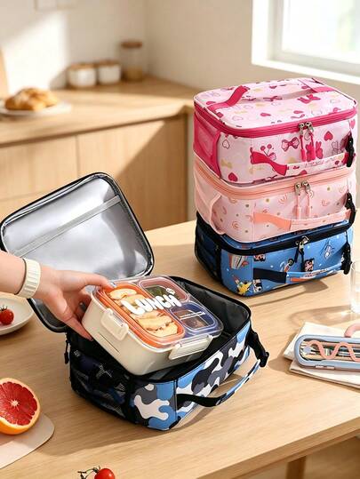 1Pc Cute Pattern Insulated Lunch Bag,Waterproof Aluminum Foil Liner Keep Food Warm.Portable For School,Office And Picnic,Winter Essential School Stuff