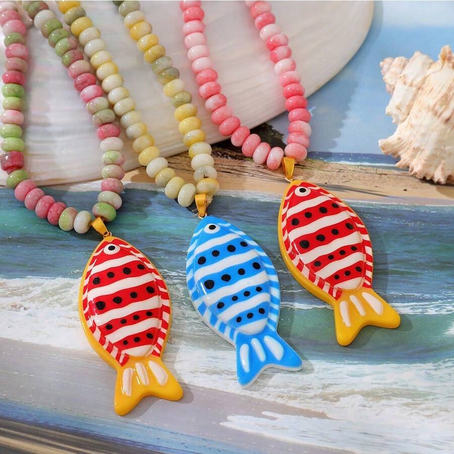 Women's Fashion Bohemian Style Resin Fish & Natural Stone Bead Necklace Accessory, Beach Party Jewelry Gift