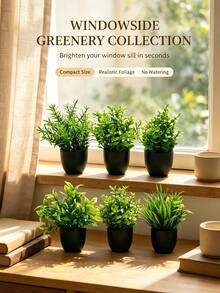 6pcs Artificial Greenery Potted Plants Set, Includes Eucalyptus Leaves, Rosemary, Magnolia, Black Plastic Mini Pots, Suitable For Home Indoor Office Desk, Country Style, Bathroom Decor, Patio Decor, Gifts, Garden Decor, Bedroom, Outdoor Plants, Gardening, Artificial Greenery Set - Green - View 1