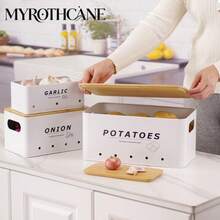 Myrothcane 3pcs Bamboo Lid Potato Onion Garlic Storage Bins, Ventilated Metal Vegetable Storage Containers, Stackable Farmhouse Style Kitchen Countertop Produce Organizer, Suitable For Pantry Storage - White - View 8