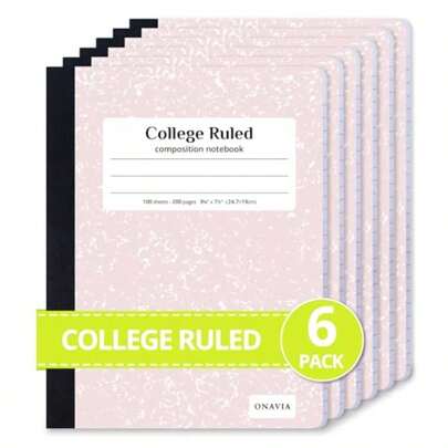 Cuaderno de composición rosa con líneas universitarias, paquete de 6, 200 páginas, 100 hojas, 9.75 x 7.5 pulgadas, cuaderno resistente, cuadernos escolares, estudiantes, toma de notas, escritura, maestros