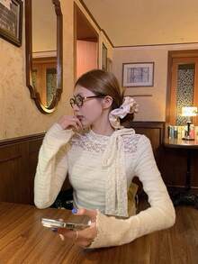 Exquisite Lace Crochet High Neck Long Sleeve Knit Sweater, Unique Bow Decor Layered Top, Women's Valentine's Day Outfit, Autumn/Winter/Spring - Apricot - View 4