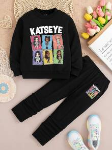 Tween Girl Cartoon Print Crew Neck Sweatshirt And Leggings Casual Set - Black - View 1