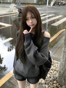 American Vintage Off-Shoulder Long Sleeve Knit Sweater, Loose Slouchy Casual Versatile Off-Shoulder Top For Women, Autumn/Winter - Dark Grey - View 2