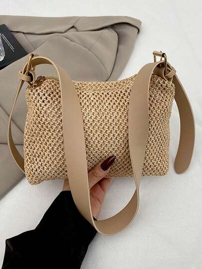 Sac bandoulière mode pour femmes, texture tressée, souple, sac à épaule, léger, polyvalent, trajets quotidiens, vacances, plage