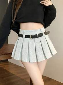 性感高腰百褶裙女款，秋冬顯瘦防走光A字短裙褲 - 淺灰色 - 查看 3
