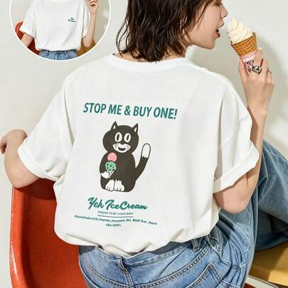 アイスクリームキャット グラフィックTシャツ オーバーサイズ 半袖 レディース ゆるかわ 夏（サイズ表を参考にサイズをお選びください）