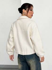 Women's Comfortable Loose Beige Jacket, Open Collar, Zipper Design, Decorative Pockets, Suitable For Autumn/Winter Wear - Apricot - View 4