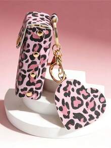 Leopard Print Lipstick Keychain, Portable Heart-Shaped Makeup Mirror Lipstick Pendant. Fashion Y2K Style. Suitable For Students, Office, Party, Travel, Gift - Multicolor - View 9