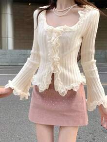 Cardigan Sweater Rajut Bergaris dengan Hiasan Renda Bergelombang, Lengan Panjang Pas Badan, Warna Beige, Atasan Elegan untuk Musim Gugur/Dingin, Cocok untuk Acara Santai dan Pesta. - Aprikot - View 3